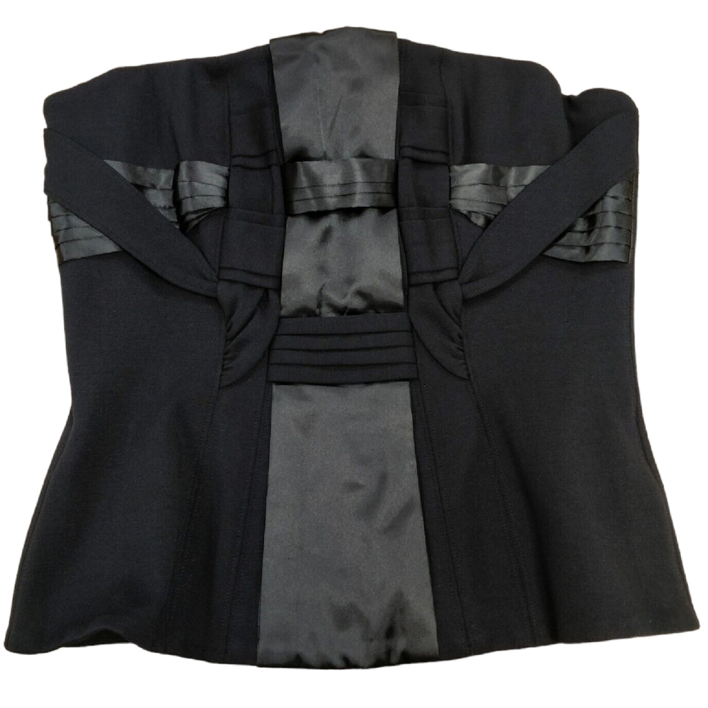 $198 BCBGMaxAzria Sleeveless Bustier Top Woven Front Satin Accents Black Large